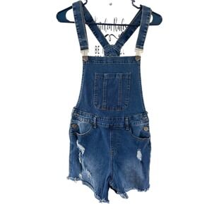 Jeans Style Denim Shortalls‎ Womens Medium Blue EUC Distressed Raw Hem Overalls